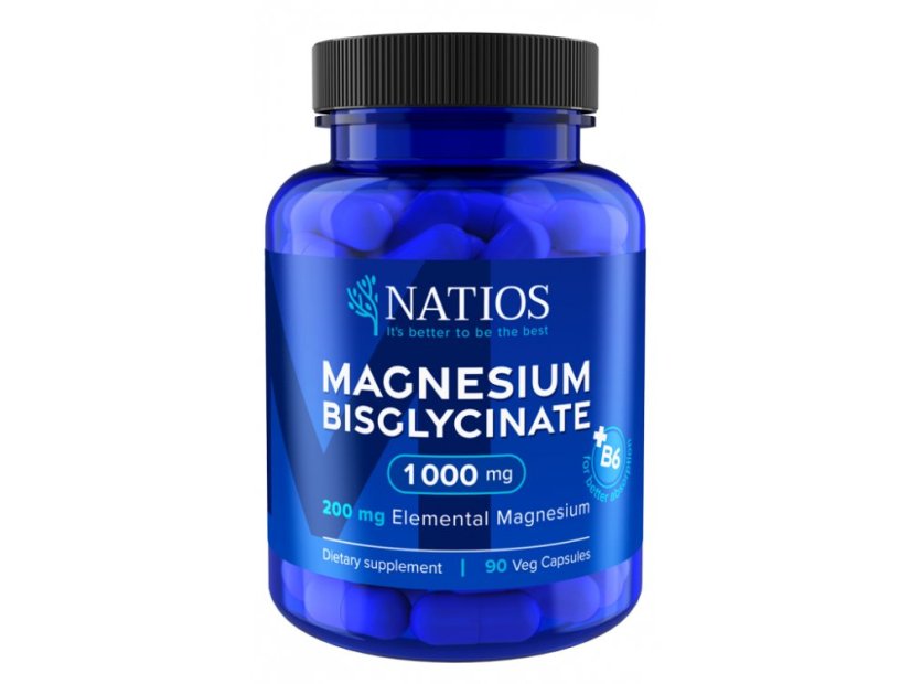 Magnesium Bisglycinate 1000 mg + B6, 90 veg. kapslí, NATIOS, (200 mg elementárního hořčíku)