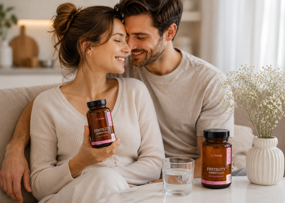 TRIME Fertility Essentials – mladý pár plánující rodinu, žena užívající vitamíny pro podporu plodnosti