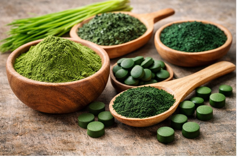 alt="chlorella prášek a tablety doplněk stravy"